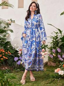 Mulvari Women's Printed Lantern Sleeve Dress With A Notched Collar - Blue - View 6