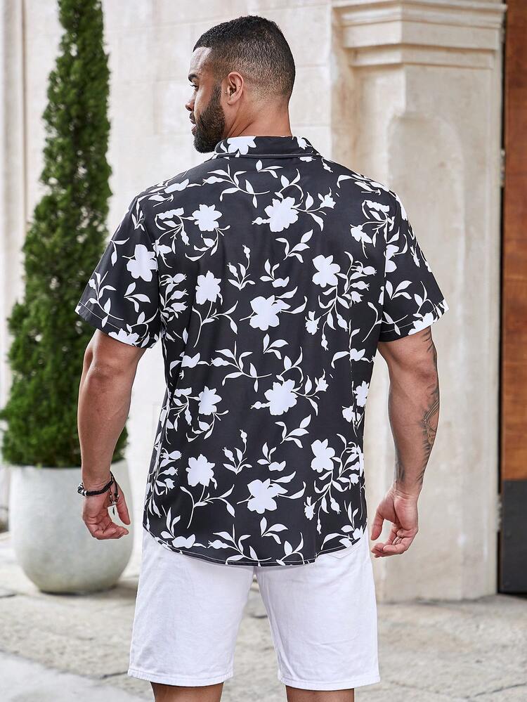 Men's Plus Size Black Short Sleeved Shirt With Plant Print