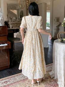 Dazy Designer Women's Floral Print Bubble Sleeve Design A-Line Dress Sundress Vacation Outfits Women - Yellow - View 2