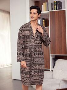 Men's Geometric Patterned Bathrobe For Home Use