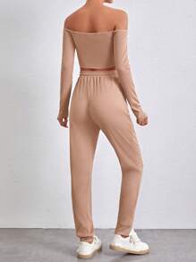 SHEIN Essnce Ladies' Solid Color Casual 2-Piece Set - Khaki - View 2