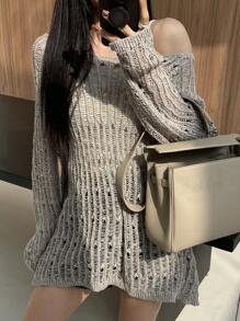 DAZY Solid Color Loose Fit Hollow Out Wide Round Neck Sweater For Women Off Shoulder Sweater,Long Sleeve Tops Summer Sheer Fall - Light Grey - View 9