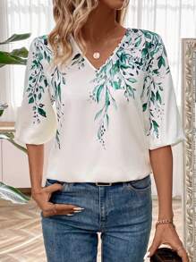 SHEIN LUNE Random Pattern V-Neck Blouse - Apricot - View 4