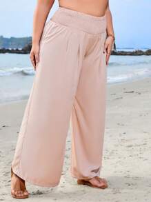 SHEIN VCAY Plus Size Wide Leg Pants With Shirred Waist And Slanted Pockets Beach Flowy Pants - Khaki - View 4