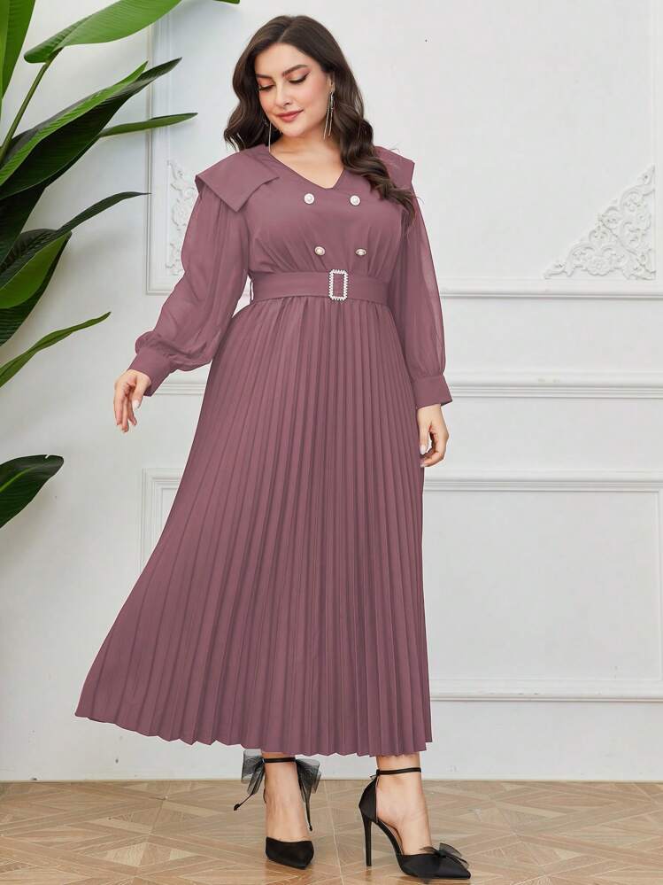 Modelyn Plus Size V-Neck Double-Breasted Decor Pleated Hem Belted Dress - Pink - View 4