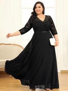 MIUSOL Plus Contrast Lace V-Neck Chiffon Zip Back Formal Party Dress, Wedding Guest Dress, Evening Dress, Gown - Black - View 5