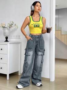 SHEIN Unity Women's Brazilian Flag Printed Crop Top For Summer Tank Top For Summer Graphic Tees Women Tops - Yellow - View 6