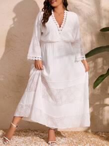 SHEIN Clasi Kích thước lớn Của phụ nữ Ren Vá lại Chi tiết xếp nếp Đầm - trắng - Xem 5