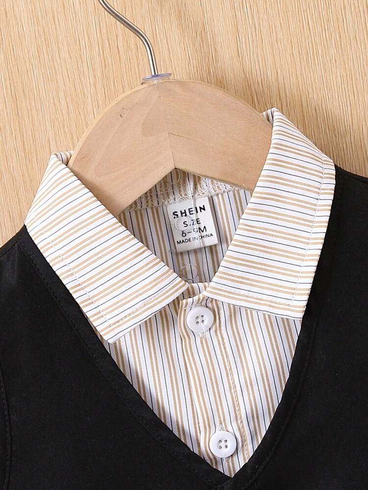 Baby Boy Single-Breasted Vest Jacket & Striped Shirt & Shorts Casual Woven 3pcs Outfits Set
