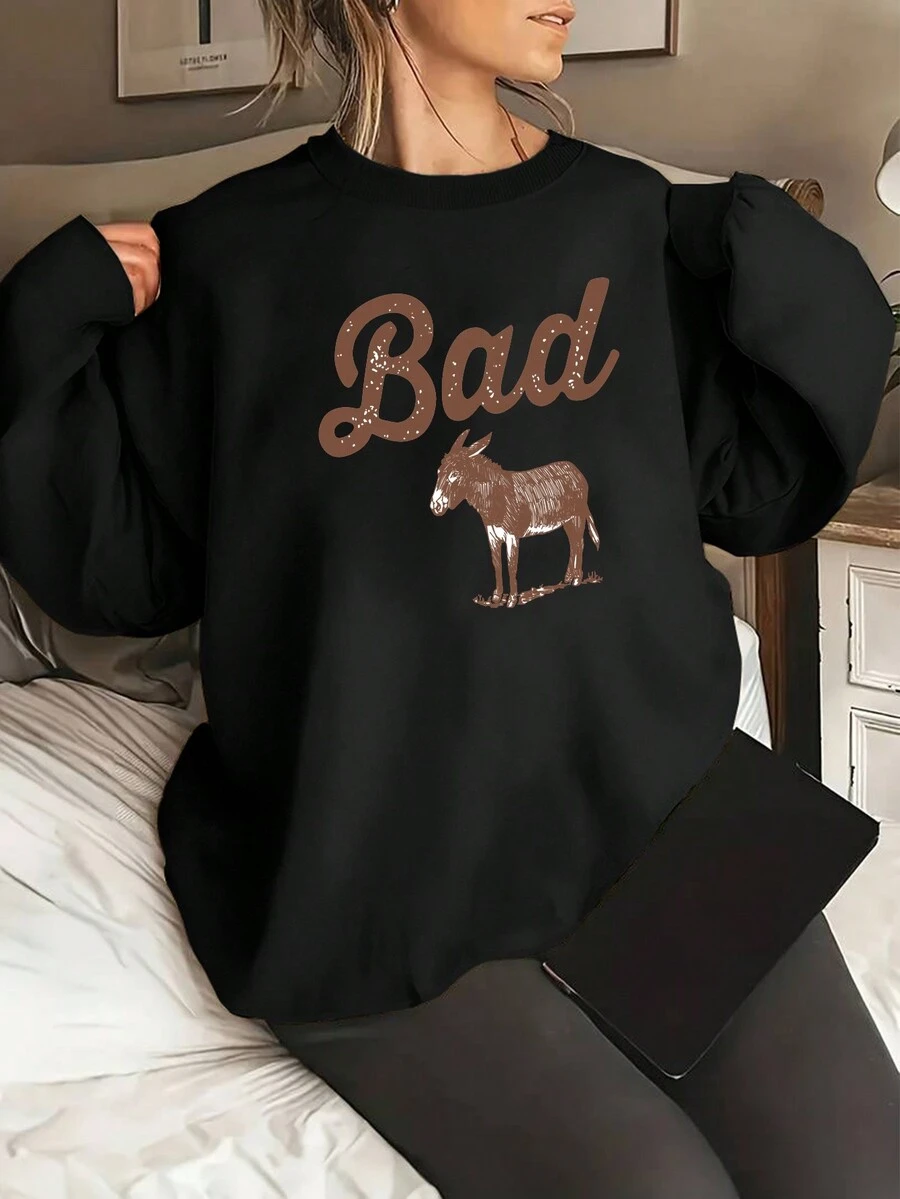 SHEIN EZwear Kích thước lớn Của phụ nữ Lá thư Thú vật In Vòng cổ Áo nỉ - màu đen - Xem 1