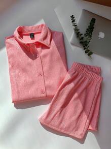 Comfortcana Solid Color Drop Shoulder Blouse And Shorts Set - Pink - View 5