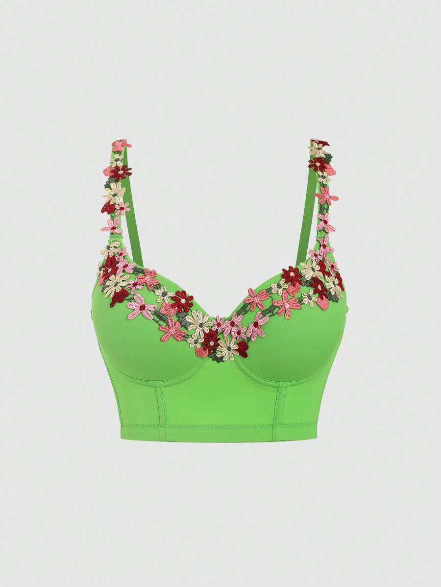 SHEIN Unity Women's Floral Embroidery Decorated Camisole Top - Green - View 1