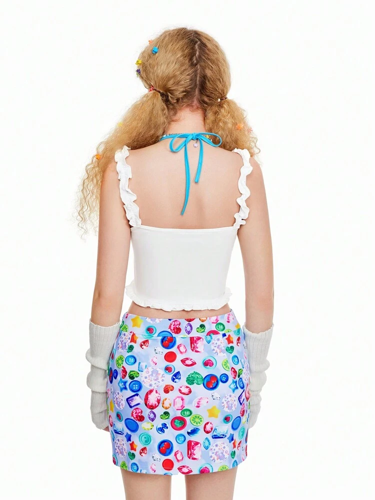 Kidcore Dopamine Ruffle Brick And Stone Pattern Printing Two-Piece Outfit Two Piece Skirt Set Two Piece Beach Set Spring Break Summer Sets Tank Top Summer Skirt