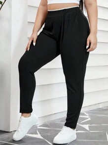 SHEIN Essnce Plus Size High-Waist Slanted Pocket Pants - Black - View 3