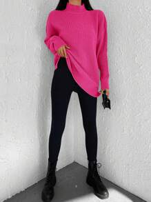 Cloudara Jersey de cuello alto de hombros caídos - Rosa Fucsia - Ver 3