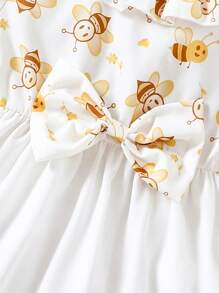 Baby Girl Lovely Bee Print Bubble Sleeve Princess Dress With Bow Headband For Summer
