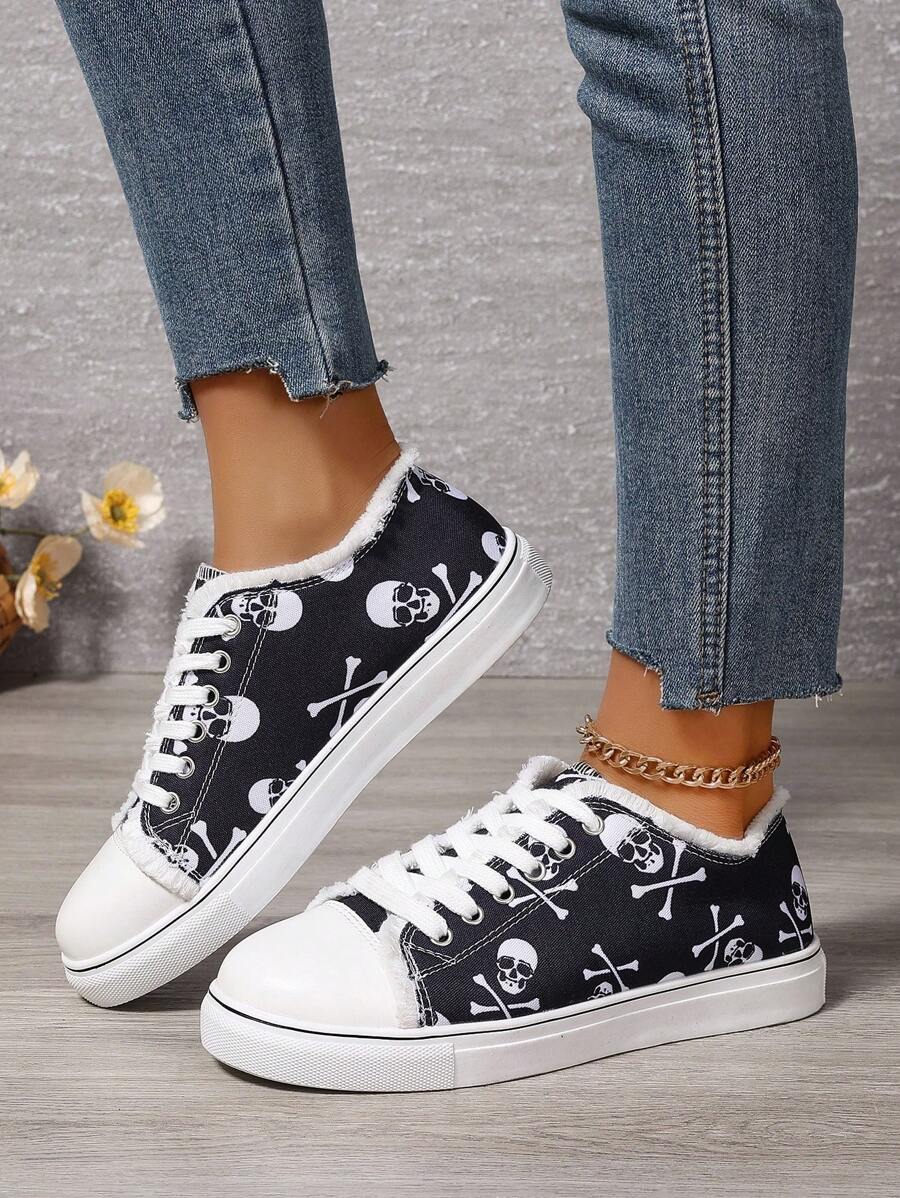 Của phụ nữ Đúng mốt Bốn Ngoài trời Giải trí Giày thể thao Với Đồ họa đầu lâu In - màu đen - Xem 1