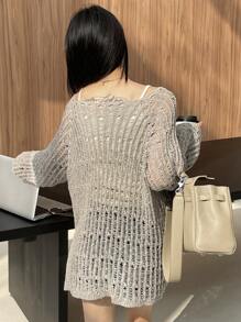 DAZY Solid Color Loose Fit Hollow Out Wide Round Neck Sweater For Women Off Shoulder Sweater,Long Sleeve Tops Summer Sheer Fall - Light Grey - View 2