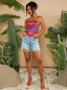 Travachic 全印花不對稱下擺假兩件度假背心上衣