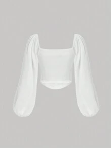 SHEIN MOD 加大码心形领口束身衣灯笼袖衬衫，情人节 - 白色 - 查看 2