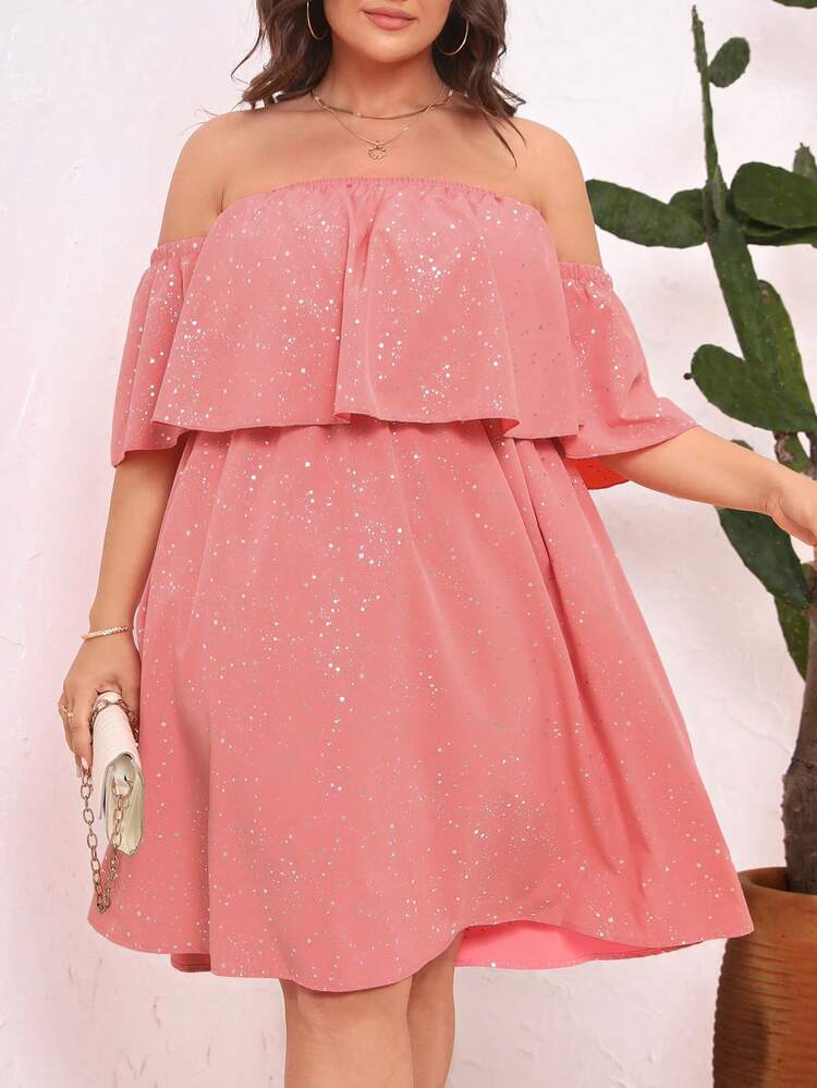 Plus Size Women's Off Shoulder Ruffle Hem Dress
