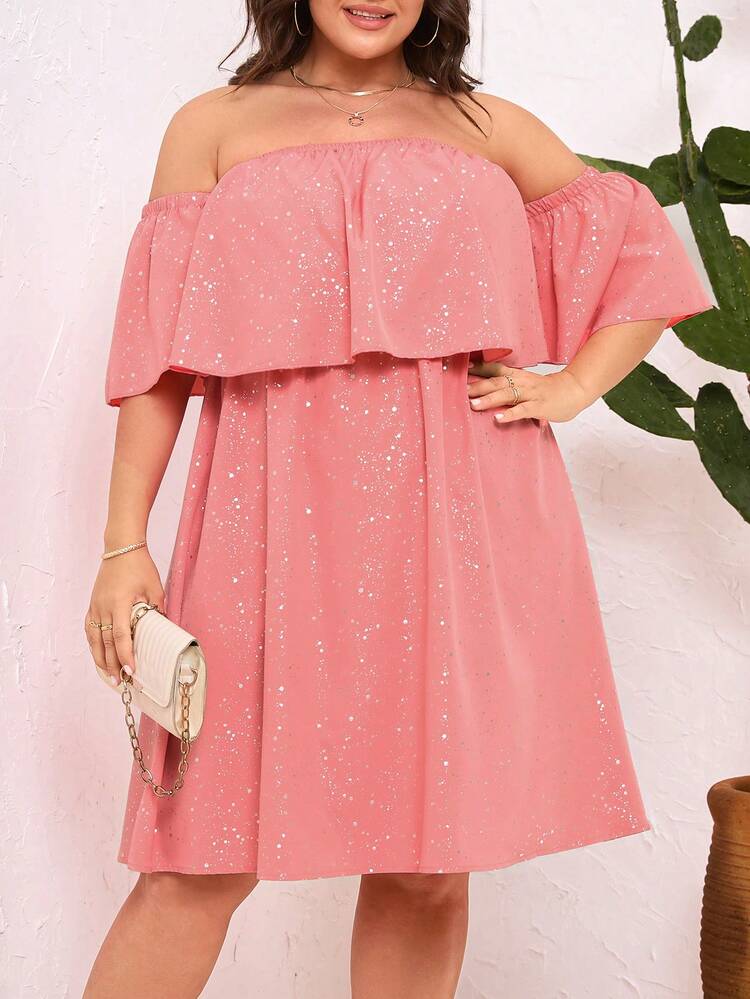 Plus Size Women's Off Shoulder Ruffle Hem Dress