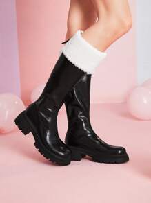 Two Tone Knee High Chunky Heeled Boots