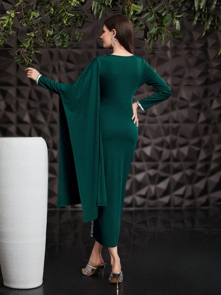 Ladies' Asymmetrical Sleeve Sequin Patchwork Dress, Elegant Evening Party Dress Long Evening Dresses Fall Cloth For Women