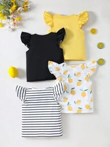 SHEIN Leap Crew 4件套 少女圆领水果印花盖袖T恤，圆领条纹T恤，圆领水果印花拼色盖袖T恤，圆领盖袖T恤