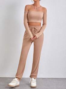 SHEIN Essnce Ladies' Solid Color Casual 2-Piece Set - Khaki - View 7
