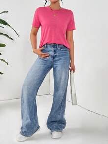 SHEIN Essnce Của phụ nữ Cơ bản Áo sơ mi Áo thun - Màu Hồng Tươi - Xem 4