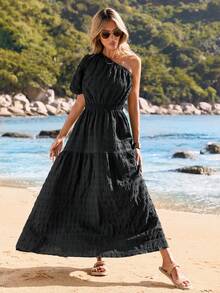 SHEIN VCAY 夏季海滩装度假女士单肩连衣裙 - 黑色 - 查看 5