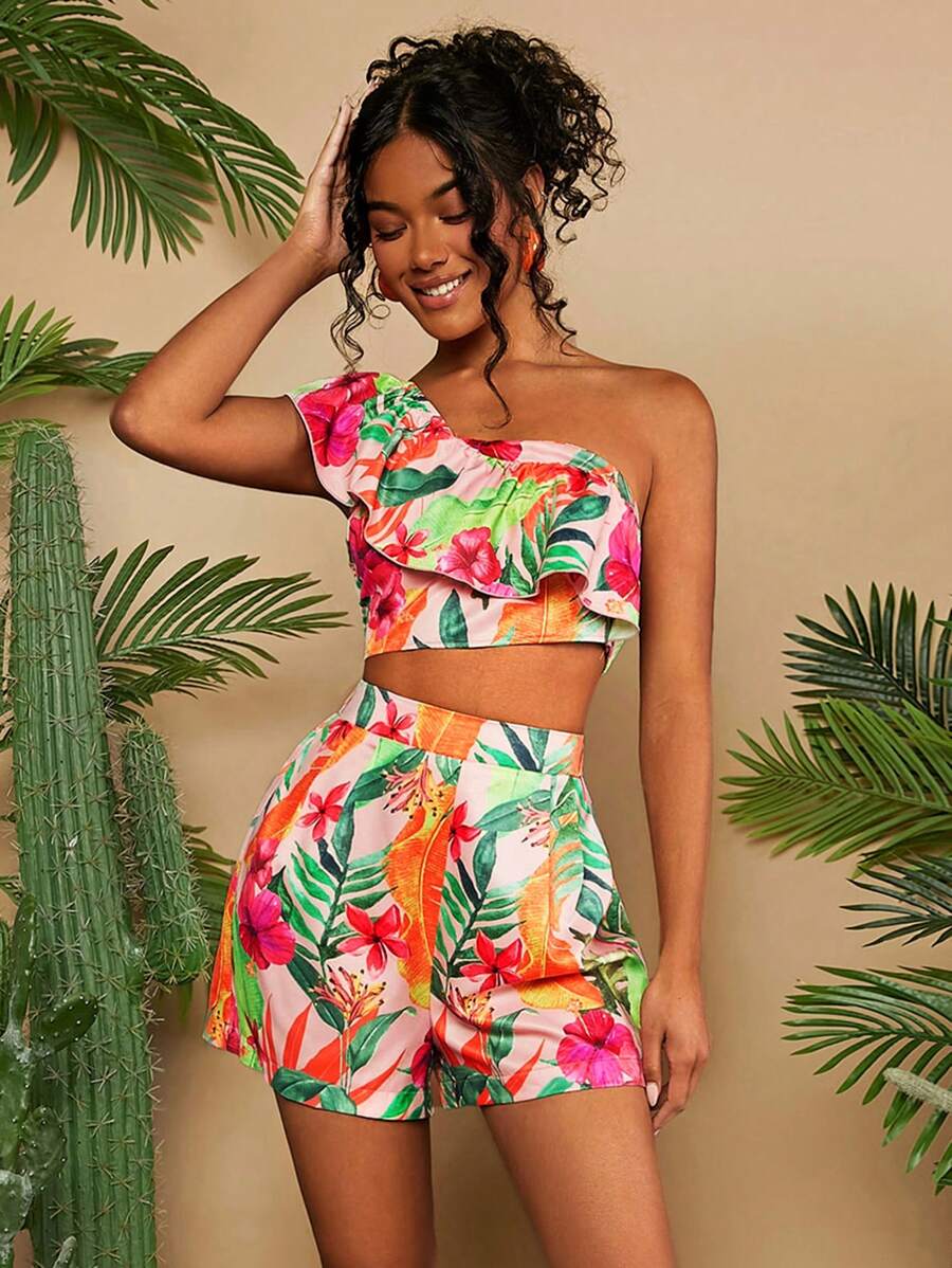 Travachic Women's Tropical Plant Print One Shoulder Ruffle Trim Top And Shorts Two Piece Beach Set - Multicolor - View 1