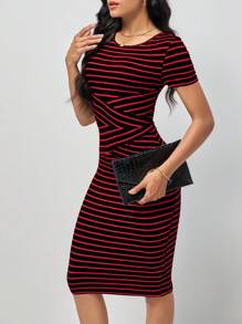SHEIN Clasi 女士條紋短袖貼身連身裙 - 彩色 - 查看 4