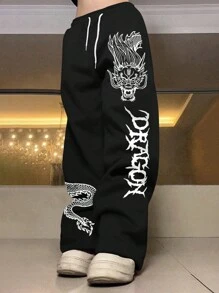 Manfinity Roghcode 男士中国龙字母印花抽绳腰运动裤宽松长款纯黑色外出哥特风、图案运动裤、男士图案裤、龙图案运动裤 - 黑色 - 查看 1