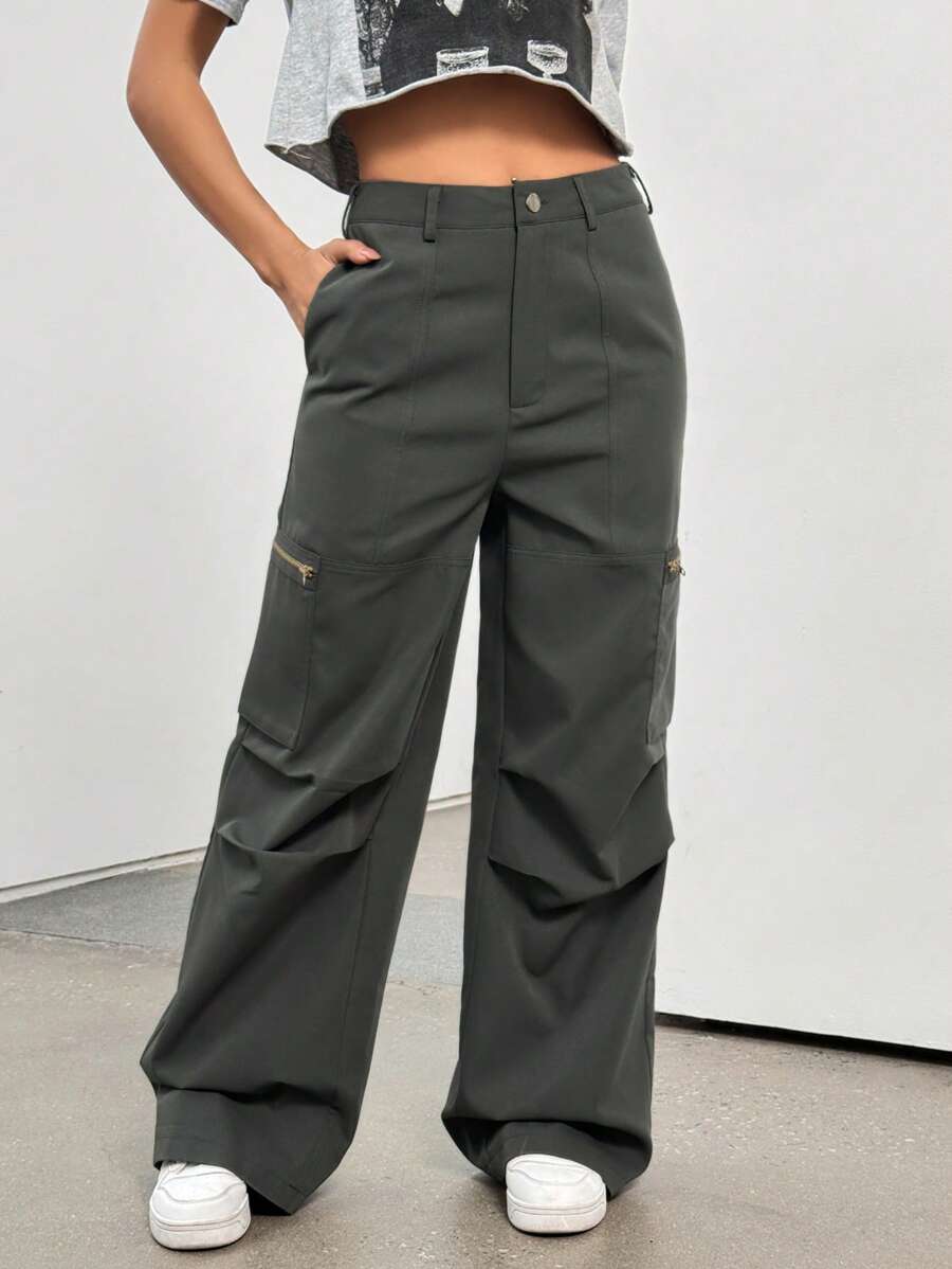 SHEIN EZwear Của phụ nữ Lỏng lẻo phù hợp Túi khóa kéo Quần - Màu xanh lá cây đậm - Xem 1