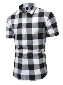 Manfinity Homme Men's Plaid Urban Colorful Short Sleeve Shirt, For Husband
