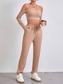 SHEIN Essnce Ladies' Solid Color Casual 2-Piece Set - Khaki - View 6