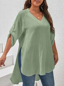 SHEIN VCAY Plus Size Women's Asymmetric Hem Blouse With Raglan Sleeve