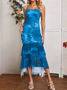 SHEIN Clasi Women's Printed Ruffle Hem Spaghetti Strap Dress Maxi Women Outfit - Blue - View 3