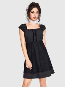 Sweetness 女款蕾絲拼接荷葉邊a字裙 - 黑色 - 查看 5