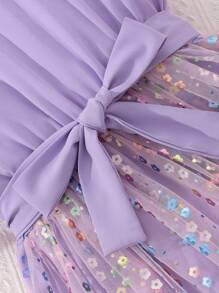 Sparklyn 少女優雅甜美時尚花朵網紗無袖裙 - 紫色 - 查看 3