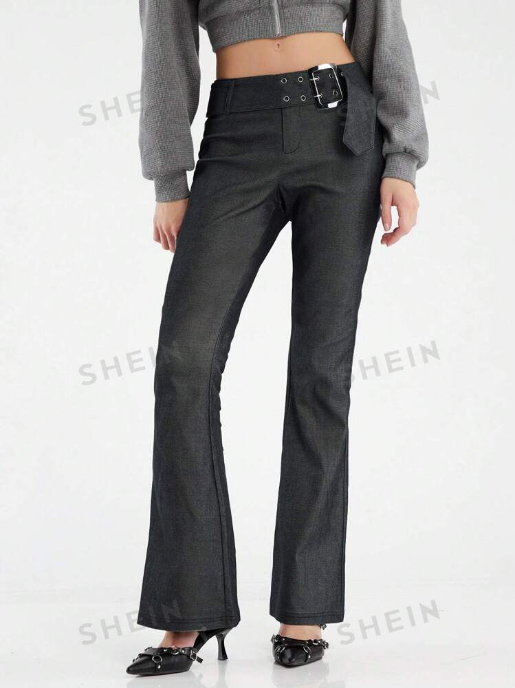 Forever 21 Women s Vintage Grey High Waist Belt Slimming Flare Pants With Elasticity SHEIN