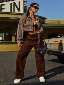 SHEIN ICON Women's Vintage Drop Shoulder Cropped Denim Jacket - Brown - View 6