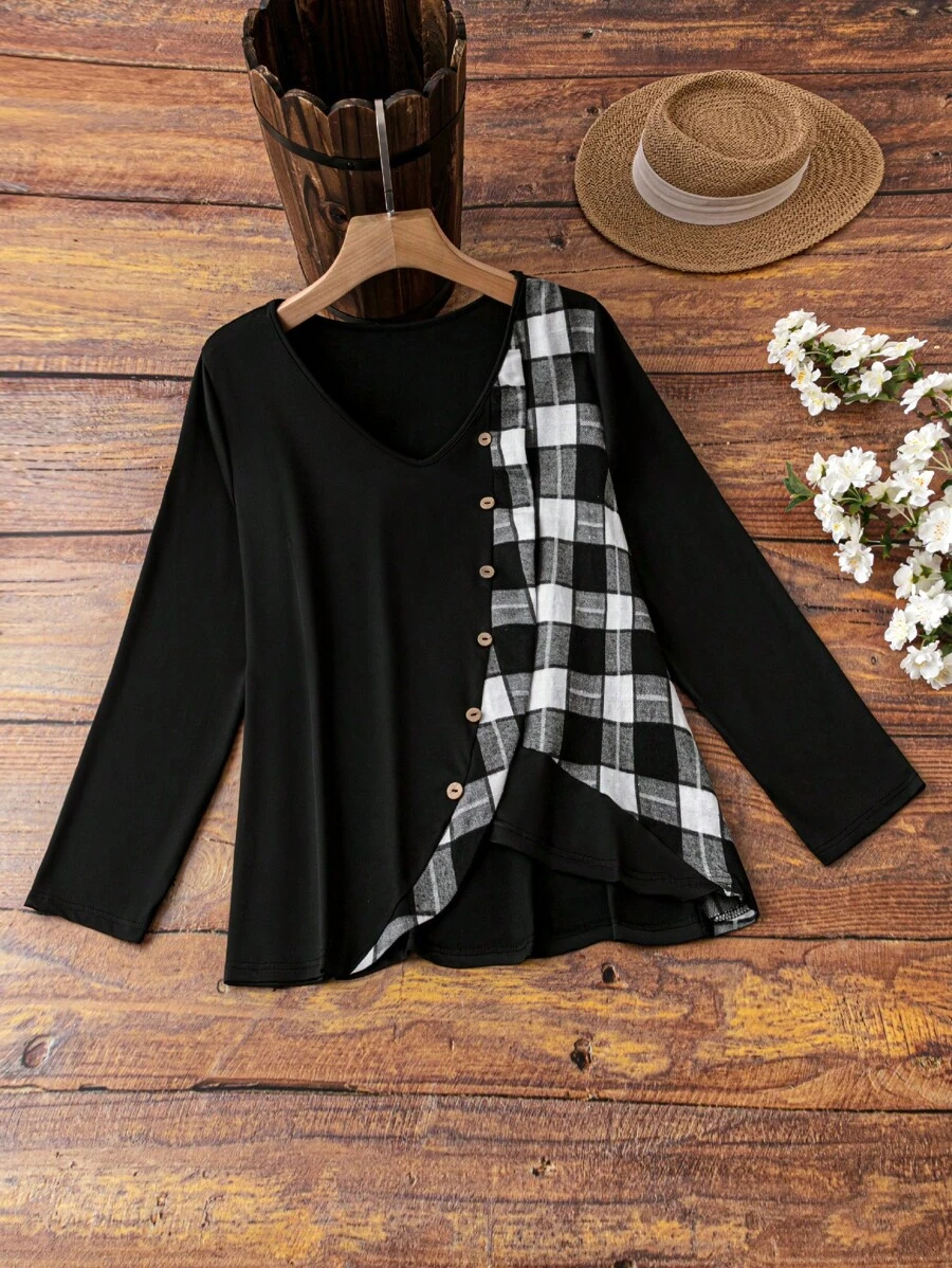 SHEIN LUNE Của phụ nữ Kích thước lớn Kẻ sọc & In Nối Tay áo dài Áo thun - màu đen - Xem 1