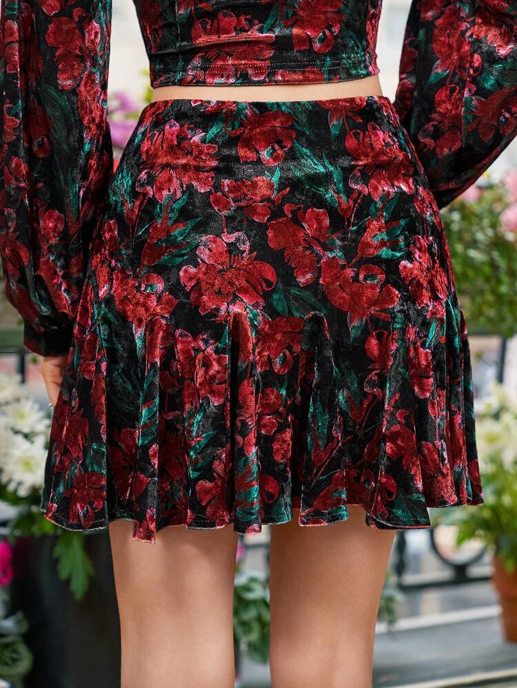 Floral Pattern Ruffle Mini Skirt Summer Vacation Flower