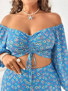 Dreamara Plus Size Women's Off-Shoulder Long Sleeve Floral Print Top And Skirt Set - Multicolor - View 3