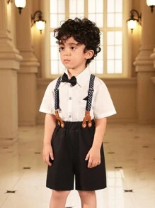 Boys' White Short Sleeve Shirt And Black Shorts Suit, Fashionable And Suitable For Birthday Parties, Evening Parties, Performances, Weddings, Etc, Summer - White - View 5