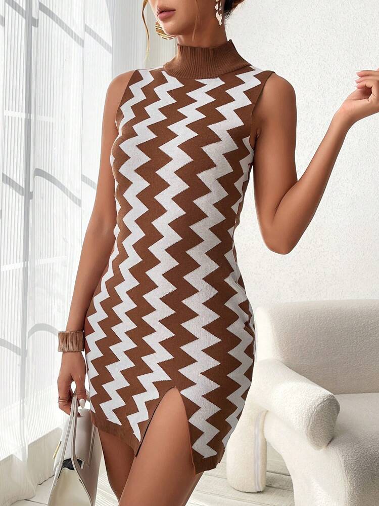Women's Sleeveless Chevron Striped Sweater Dress With Split Hem