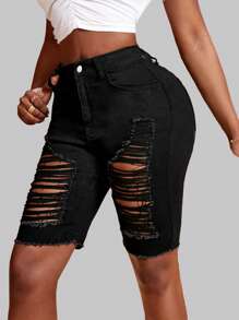 SHEIN SXY Women's Sexy High Waist Ripped Cycling Tight Denim Shorts, Black - Black - View 1